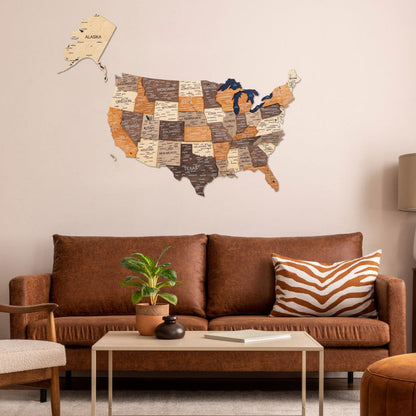 Wooden 3d Map of USA - Multicolor