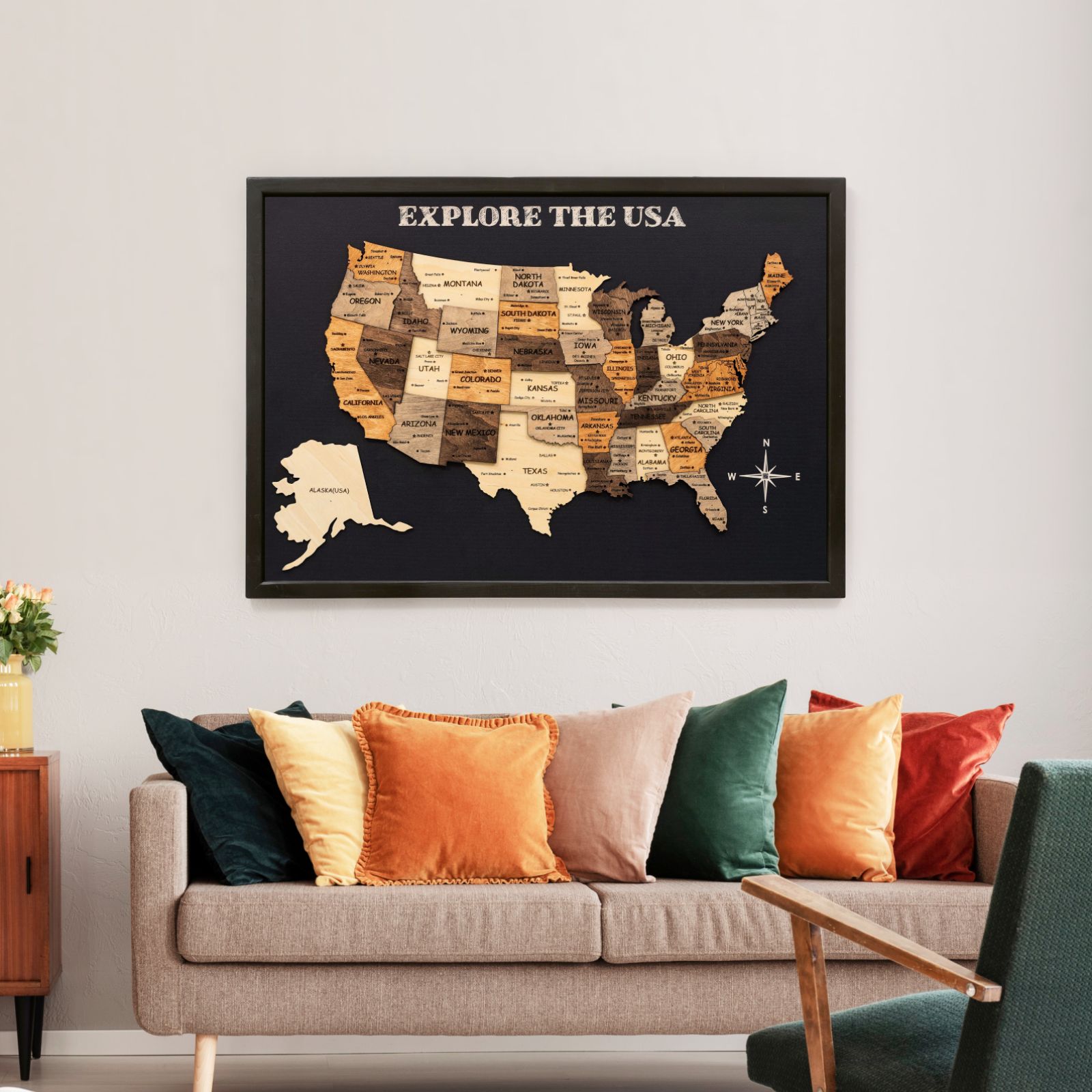 3D Wooden USA Map on Board Multicolor