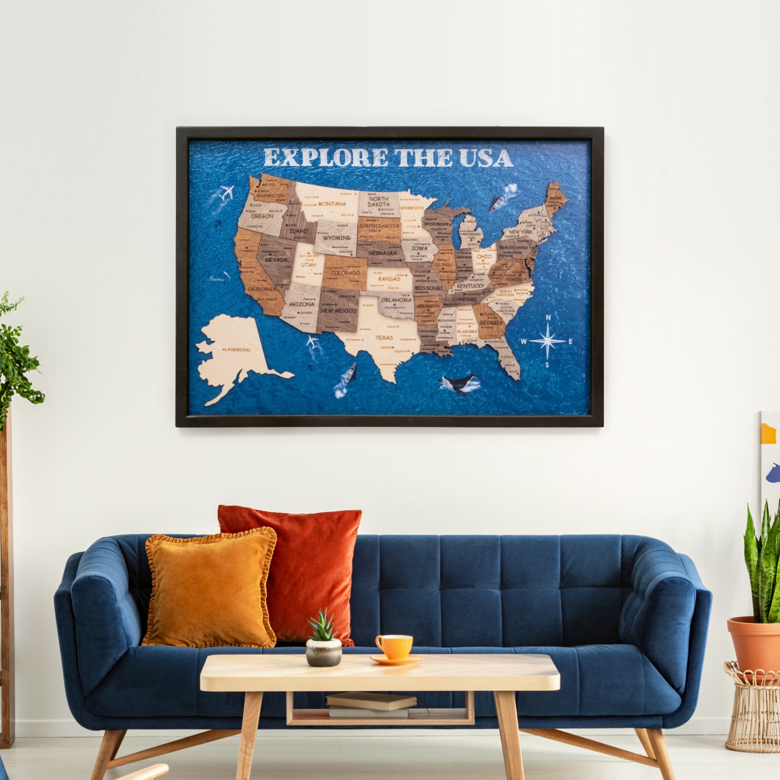 3D Wooden USA Map on Board Multicolor