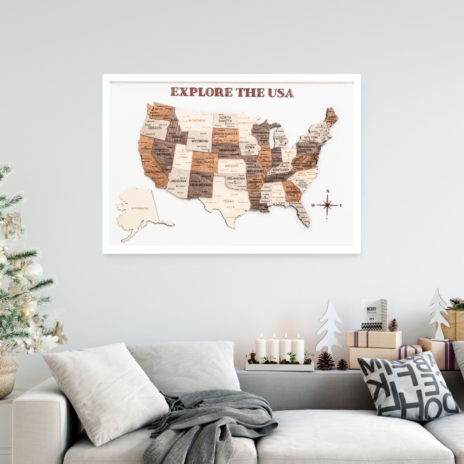 3D Wooden USA Map on Board Multicolor