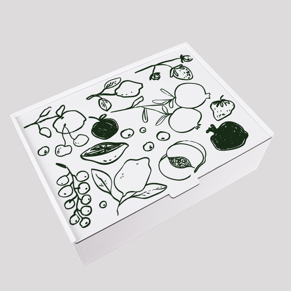 Rectangular food gift box with a black and white fruit and vegetable illustration on the lid.
