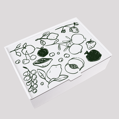 Rectangular food gift box with a black and white fruit and vegetable illustration on the lid.