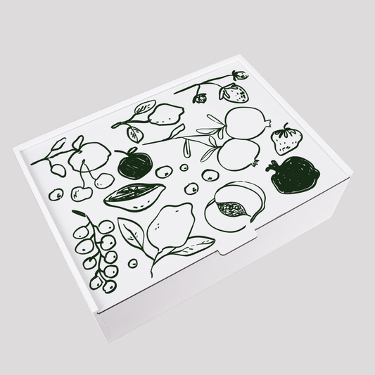 Rectangular food gift box with a black and white fruit and vegetable illustration on the lid.