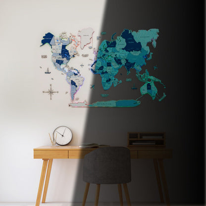 3D LUMINOUS LED Wooden World Map 2.0 Aqua