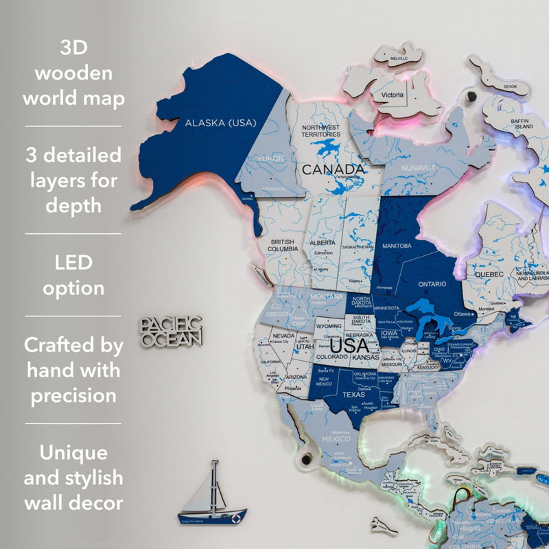 3D LUMINOUS LED Wooden World Map 2.0 Aqua
