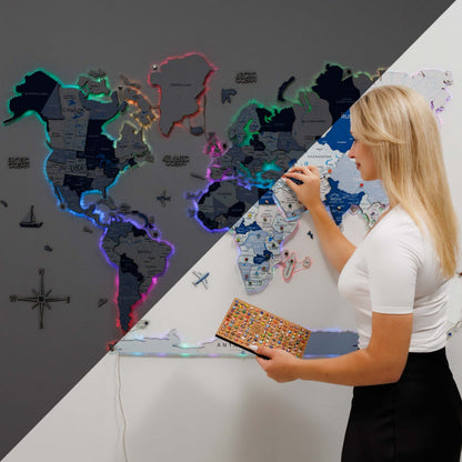 3D LUMINOUS LED Wooden World Map 2.0 Aqua