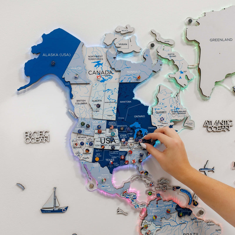 3D LUMINOUS LED Wooden World Map 2.0 Aqua