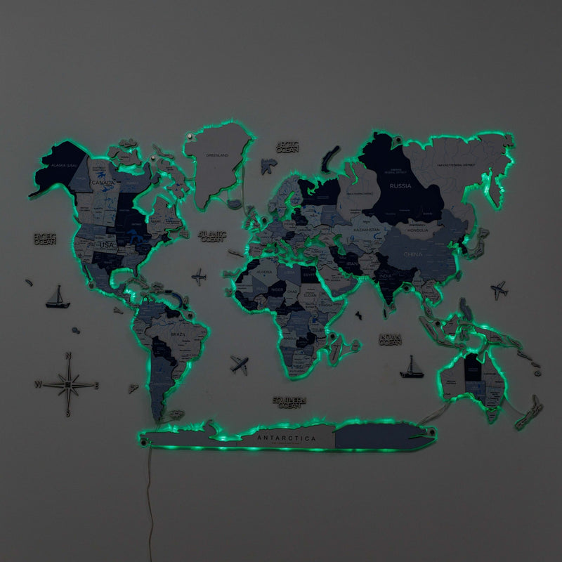 3D LUMINOUS LED Wooden World Map 2.0 Aqua