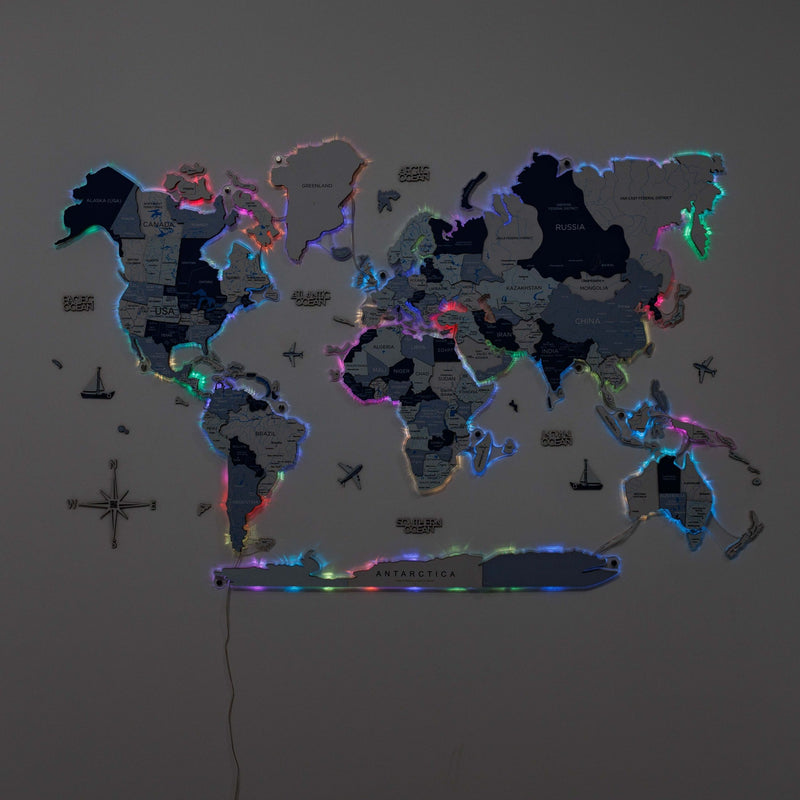 3D LUMINOUS LED Wooden World Map 2.0 Aqua