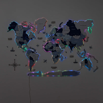 3D LUMINOUS LED Wooden World Map 2.0 Aqua