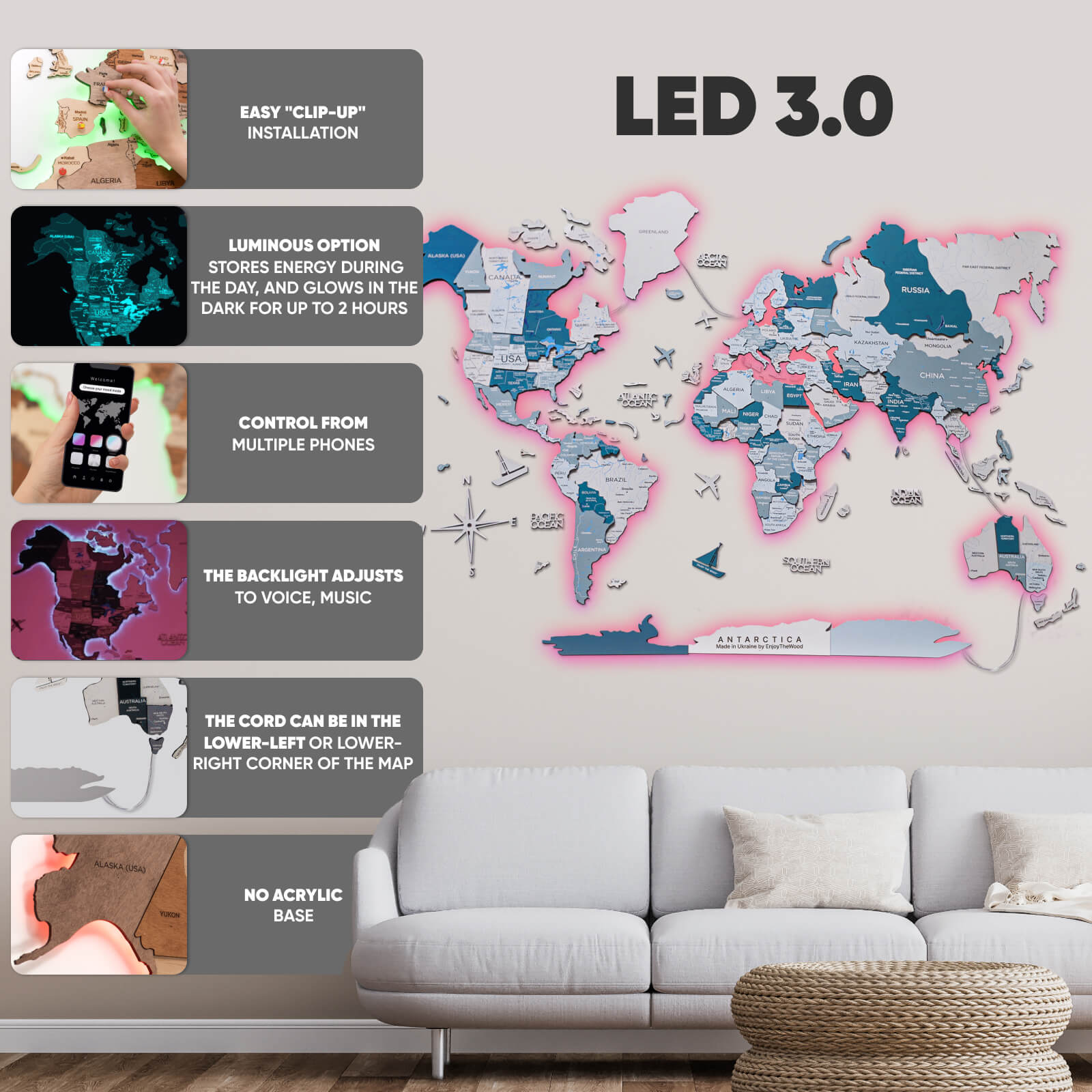 3D LED / LUMINOUS Wooden World Map 3.0 Aqua