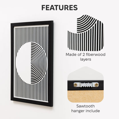 Framed artwork with geometric design, featuring a sawtooth hanger on a white background.
