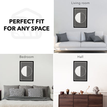 Black and white abstract wall art displayed in living room, bedroom, and hall settings.