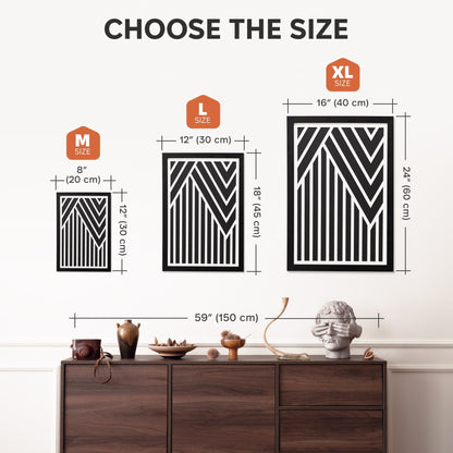 Wall art size chart with dimensions and a sample wall display.