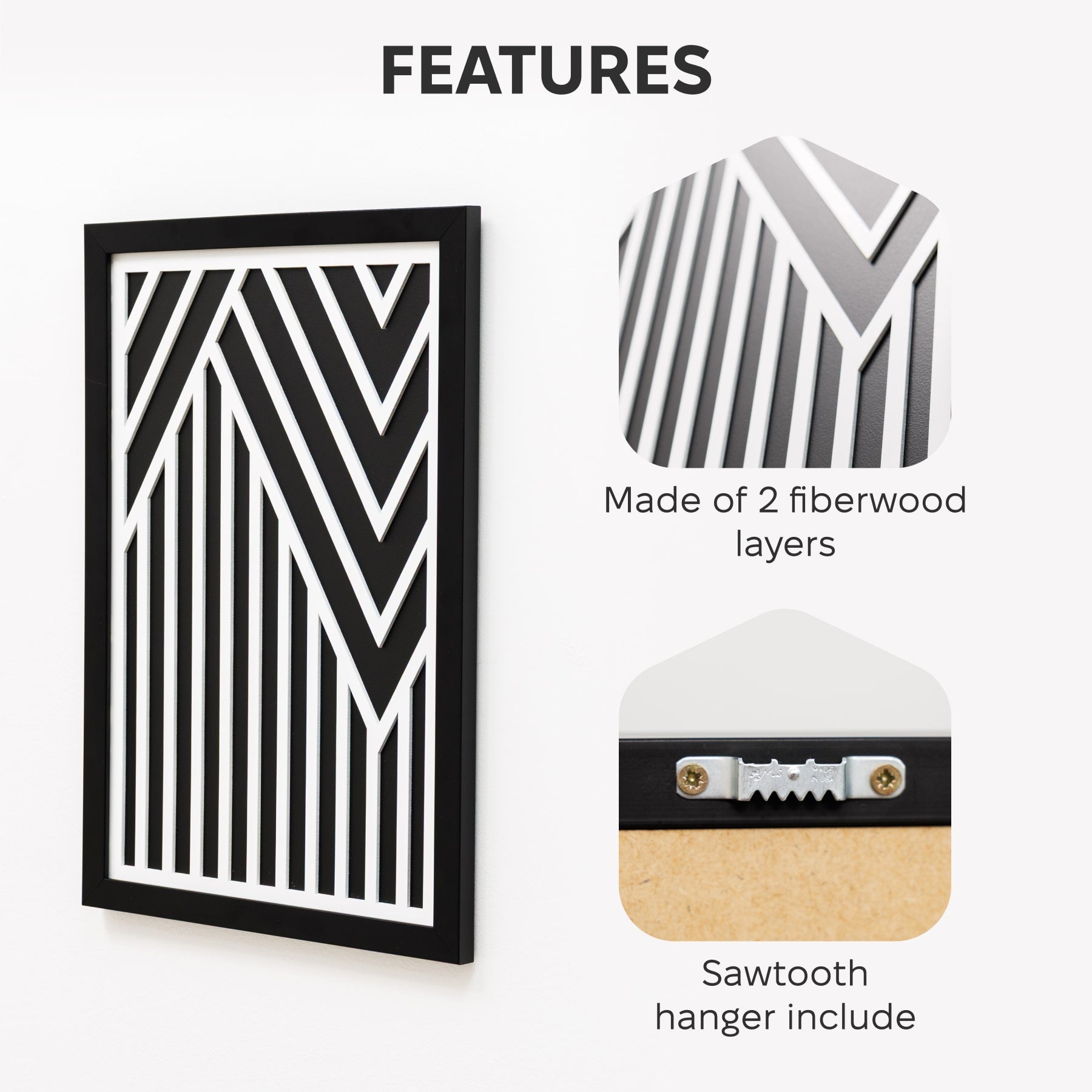 Framed artwork with fiberwood layers and sawtooth hanger on a white background