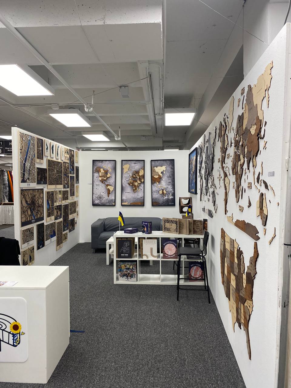 Modern office space with wall art and furniture