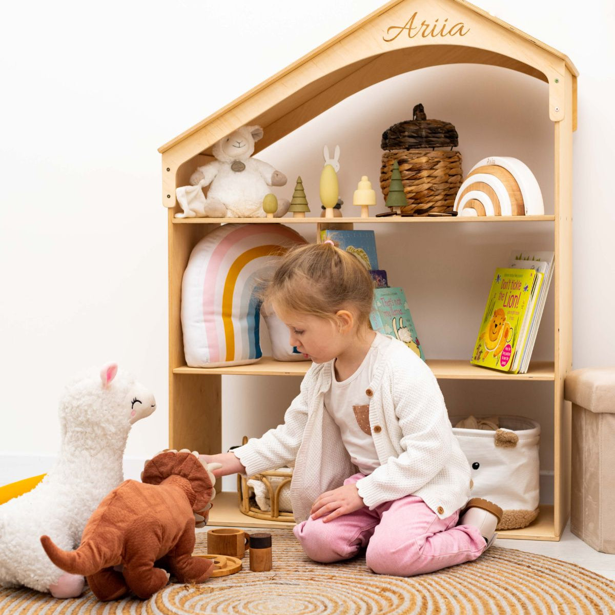 wooden dollhouse bookcase with kid's name