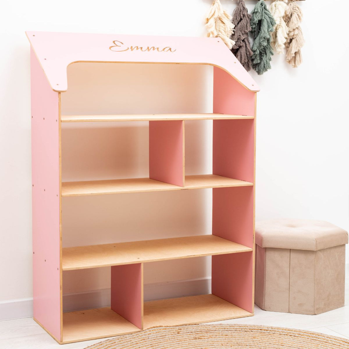 girls bookshelf dollhouse in pink color made from wood