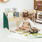 Playroom with wooden bookshelf and stuffed dinosaur