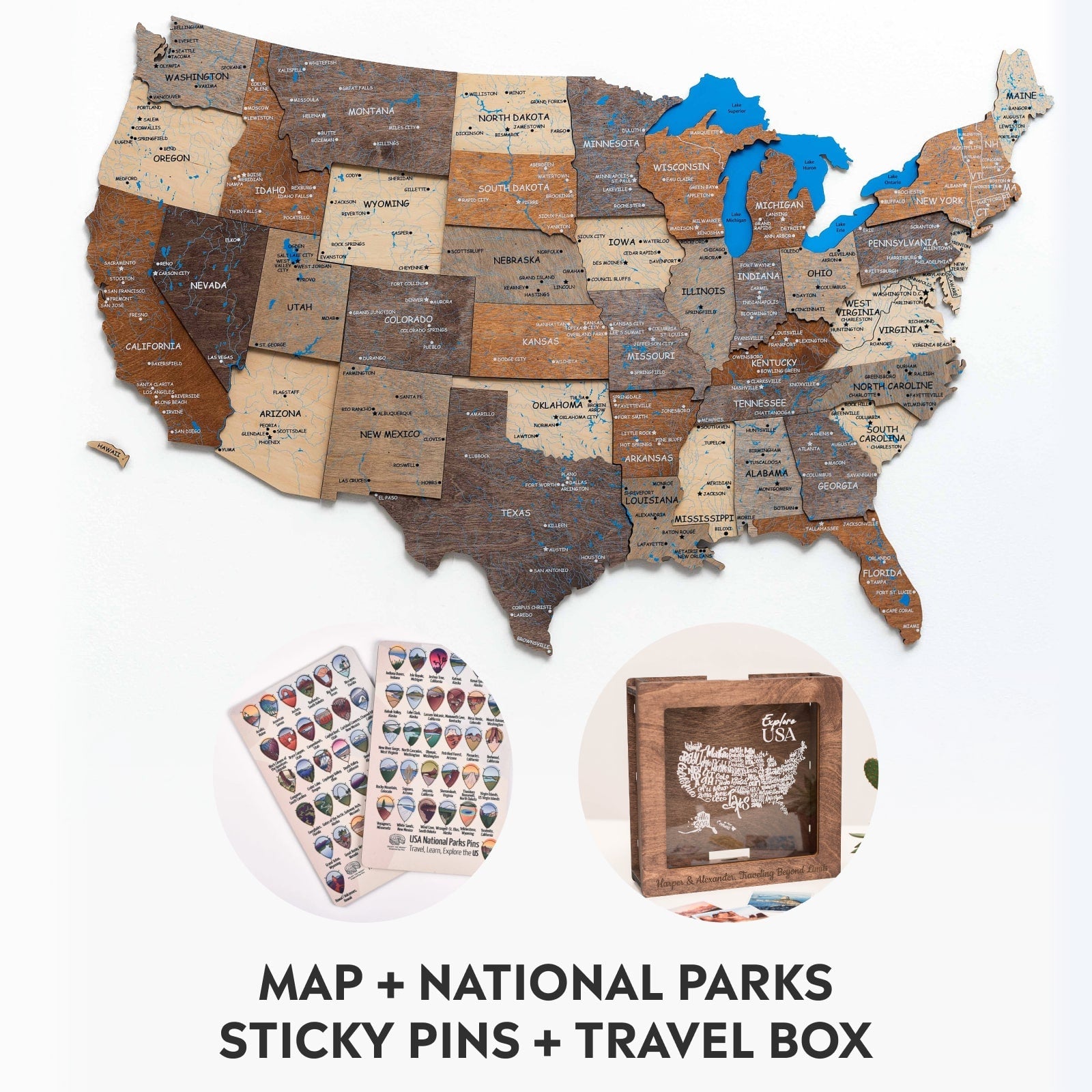 Bundle: USA Map, USA Pins, Travel box