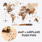 3d wooden map and airplanes pins