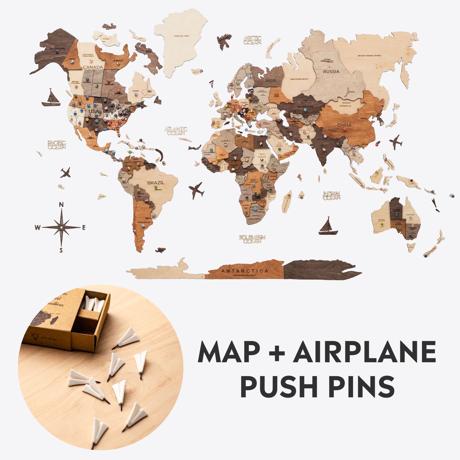 3d wooden map and airplanes pins
