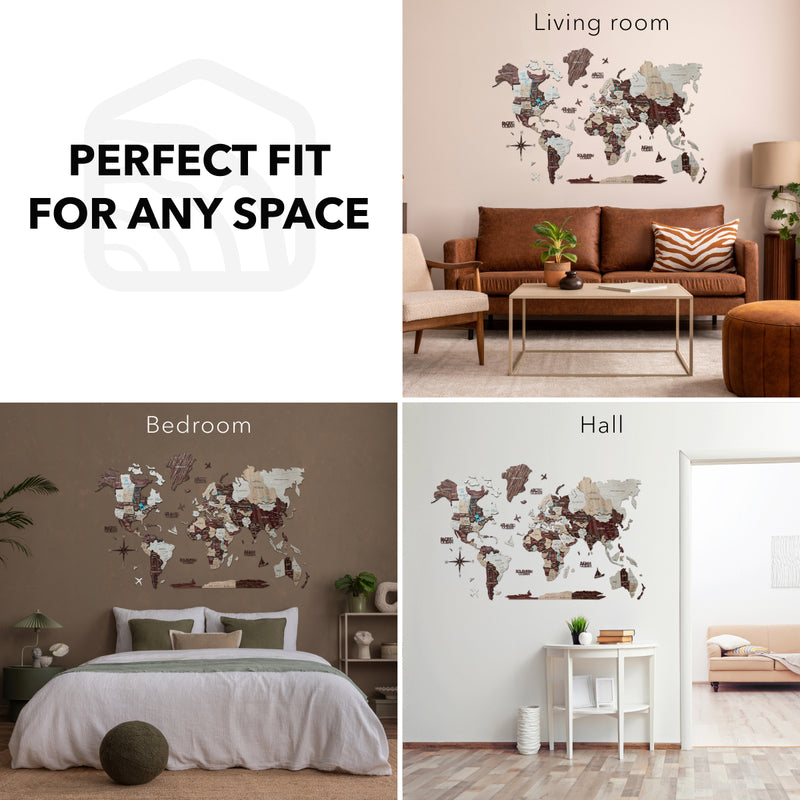 3D Luminous/Magnetic Colored Wooden World Map Cappuccino