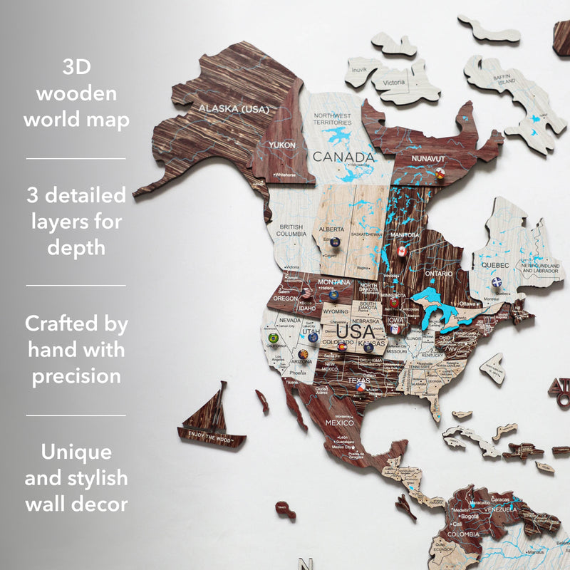 3D Luminous/Magnetic Colored Wooden World Map Cappuccino
