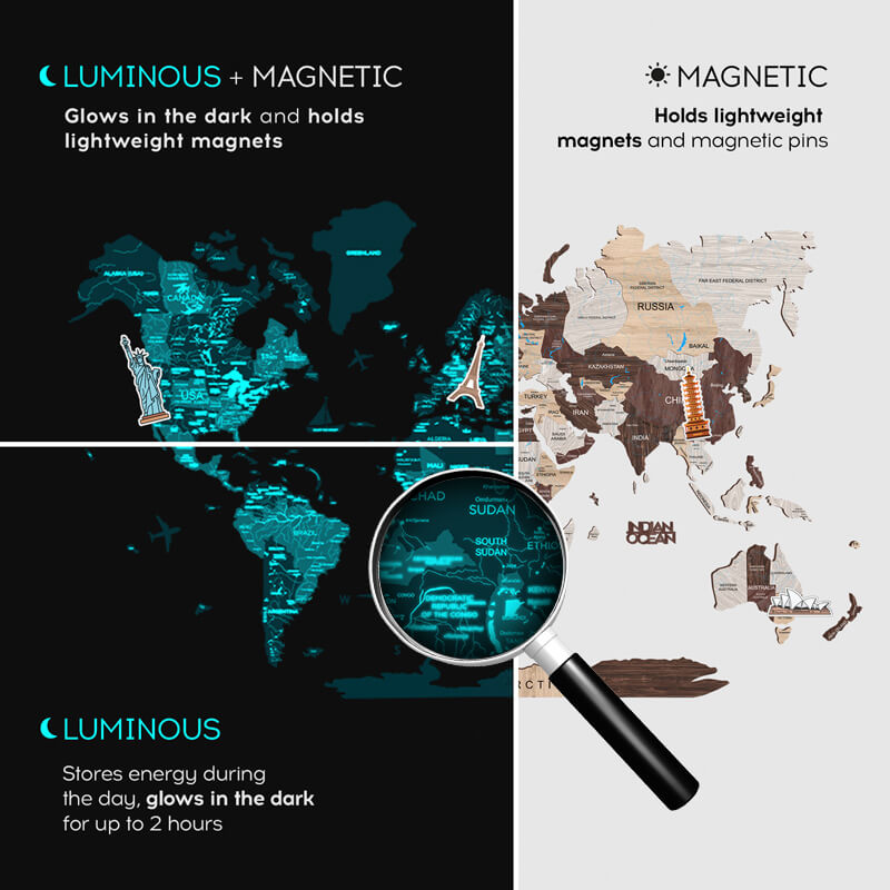 3D Luminous/Magnetic Colored Wooden World Map Cappuccino