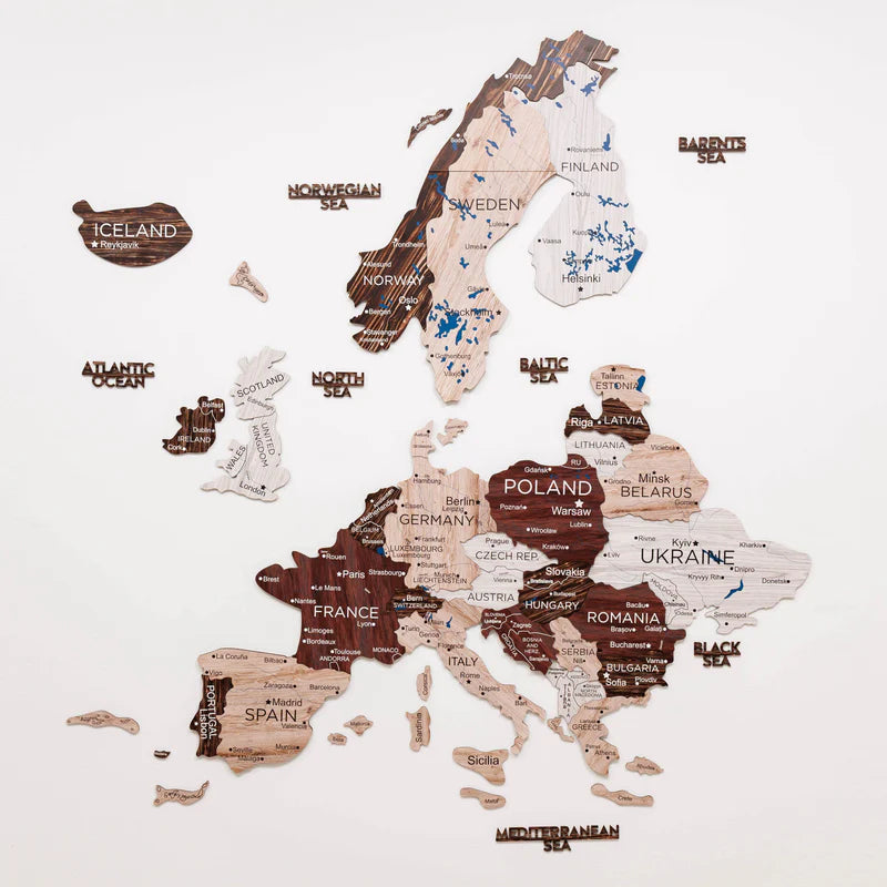 3D Europe Wooden Map Cappuccino
