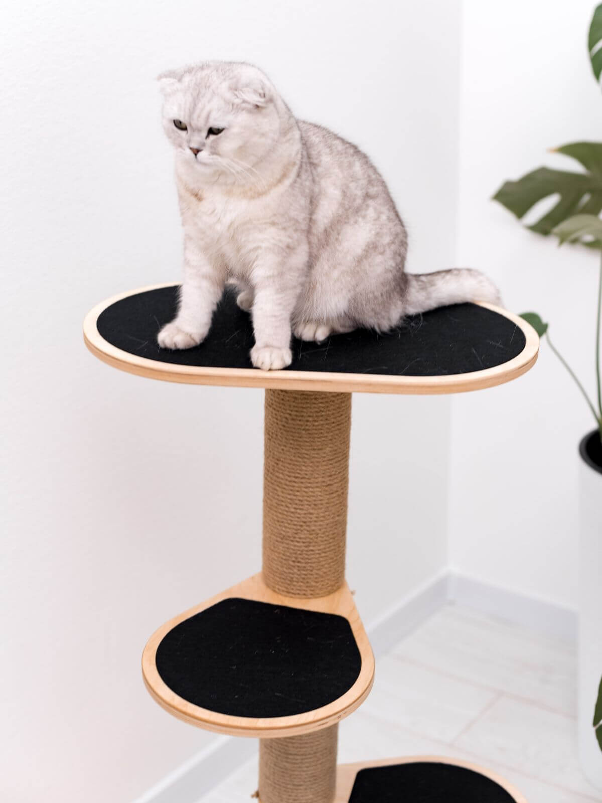 cat tower for small spaces with black felt on steps
