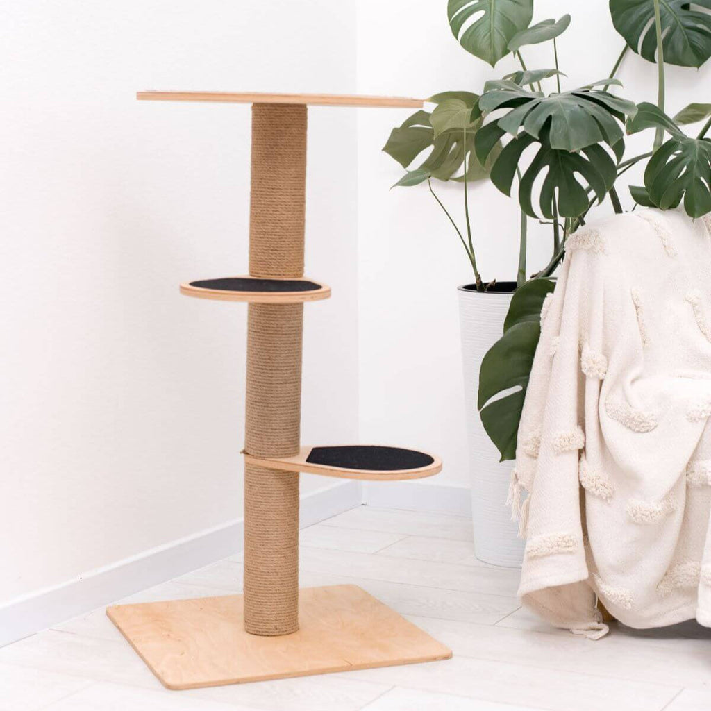 cat tower for small spaces with black felt on steps