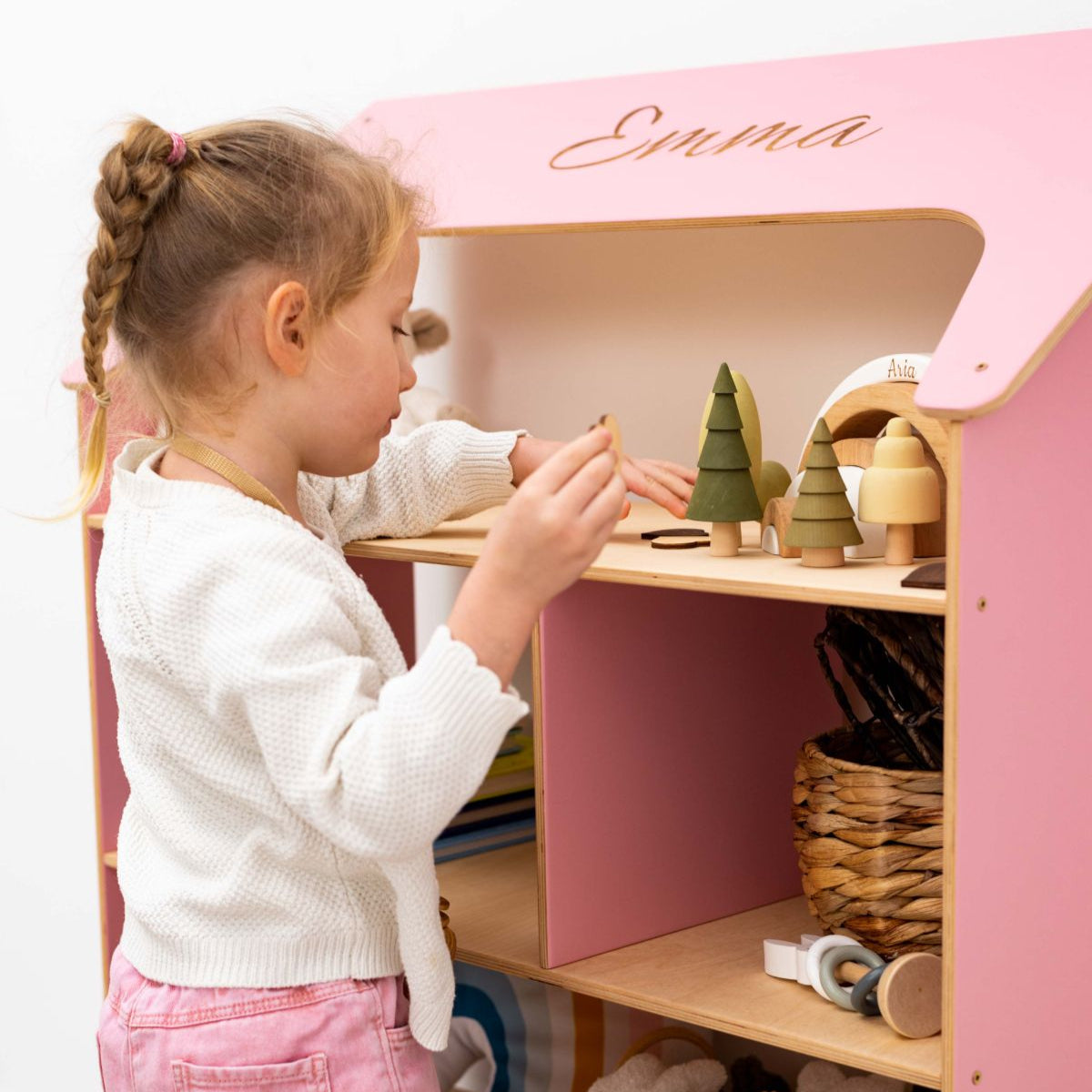 doll house bookcase in pink color for kid's nursery