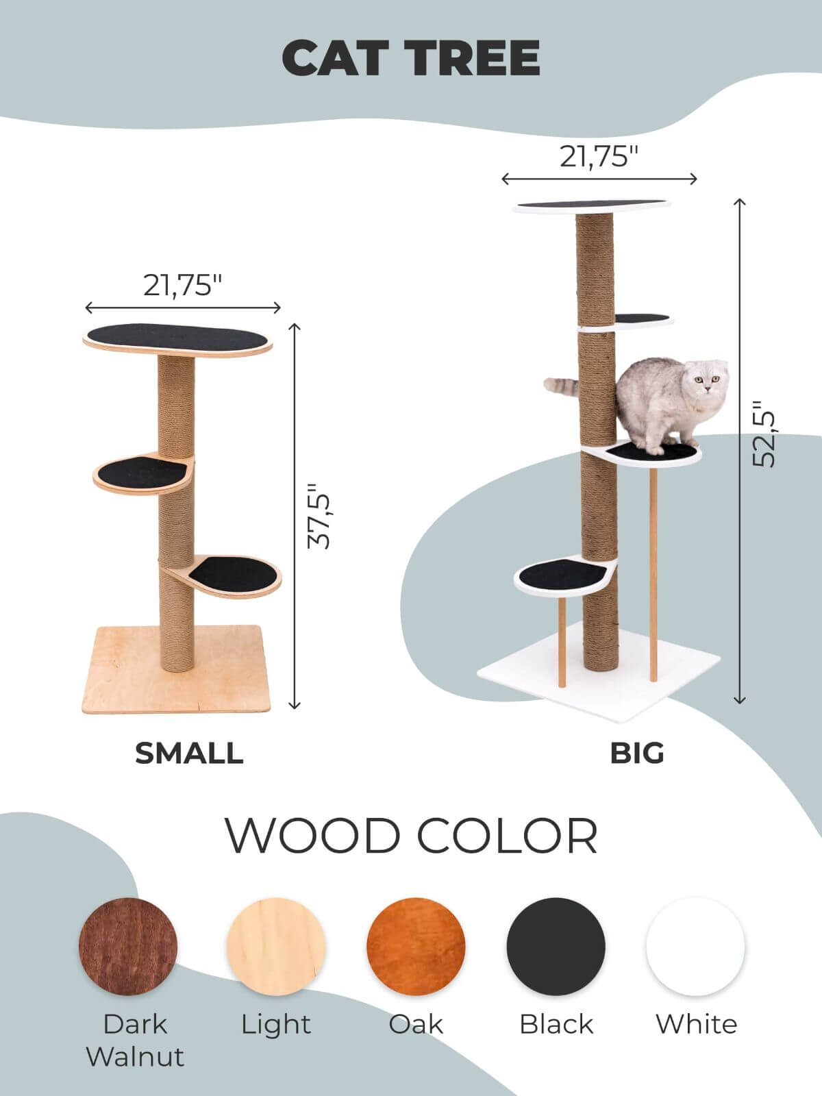 cat climbing tower in different wood color and sizes