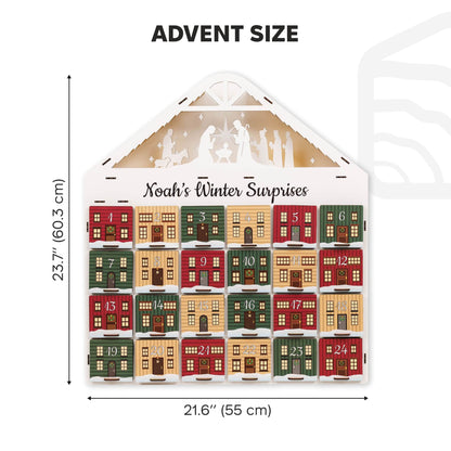 Noah's Winter Surprises advent calendar with dimensions on a white background