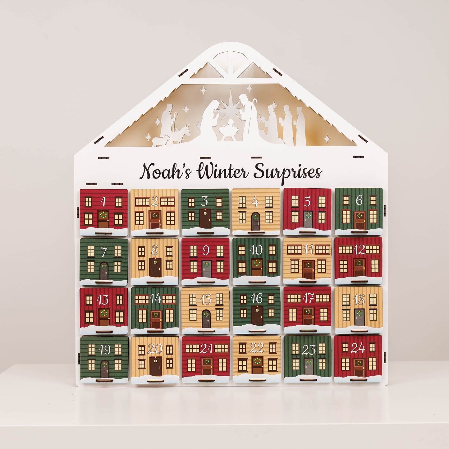 Advent calendar with houses and numbers on a light background
