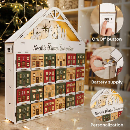 Advent calendar with houses, on/off button, battery supply, and personalization details.