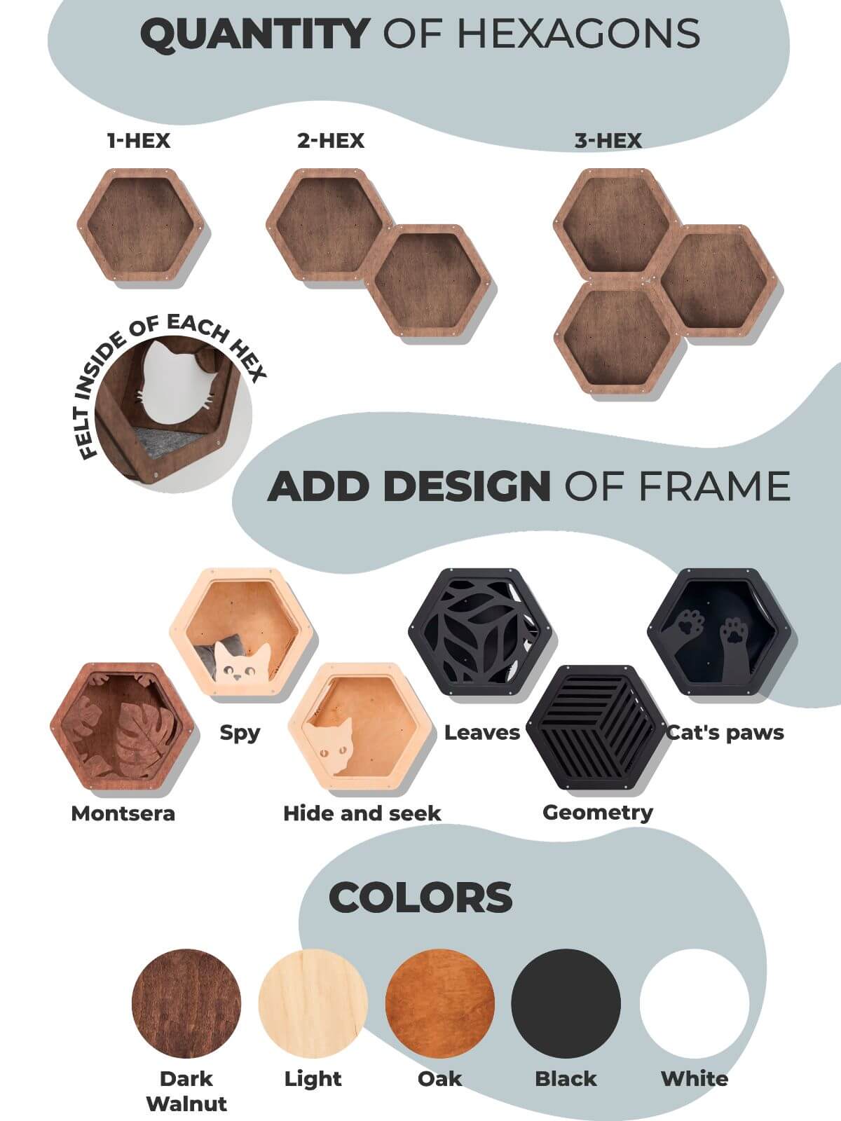 cat shelves hexagon in different colors