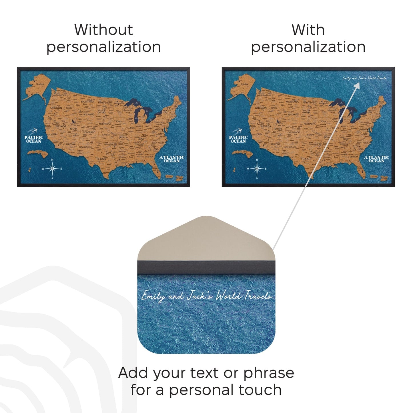 Comparison of a map without personalization and with personalization, featuring a customizable envelope.