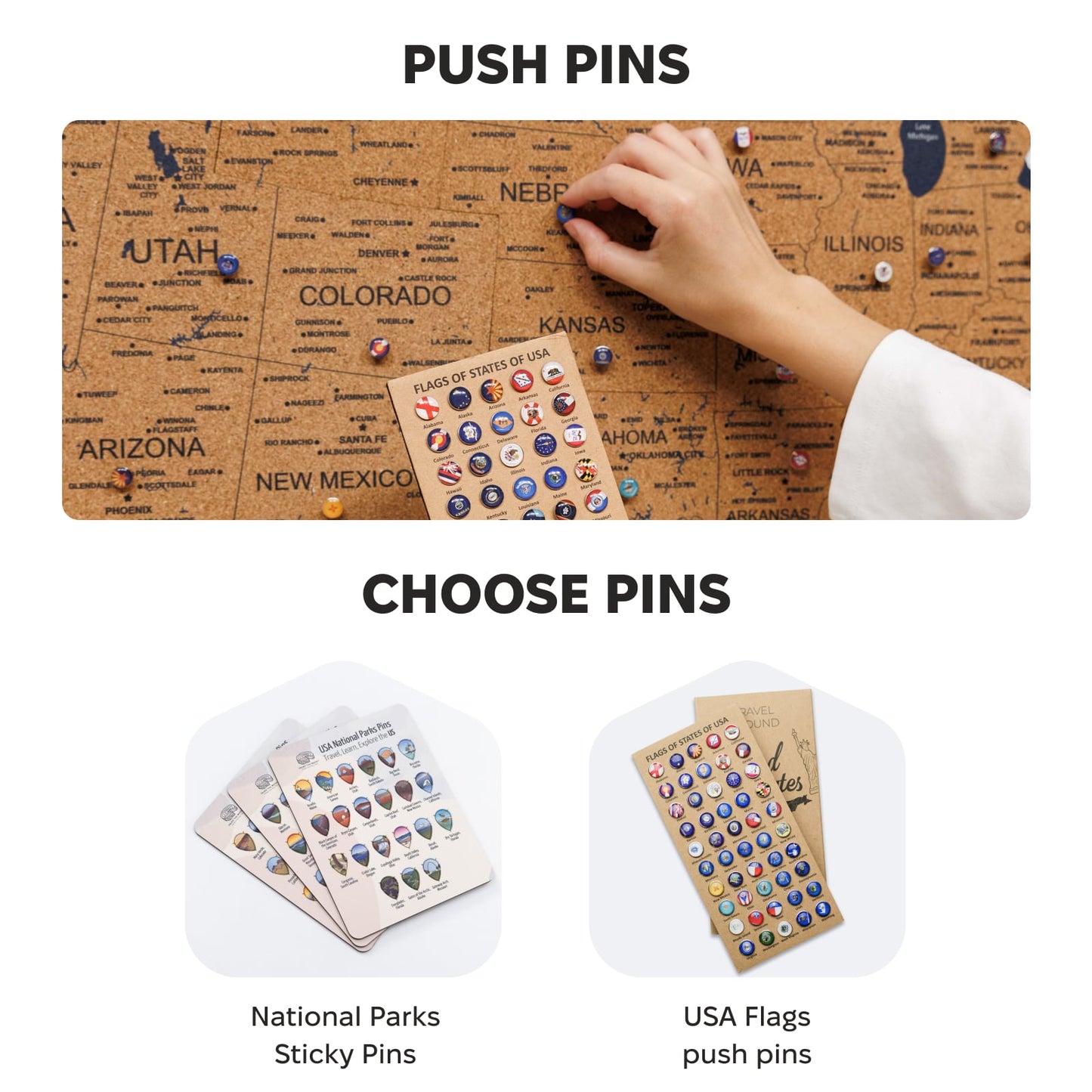 Cork board with push pins and a hand placing a card of pins, with options for national parks and USA flags.