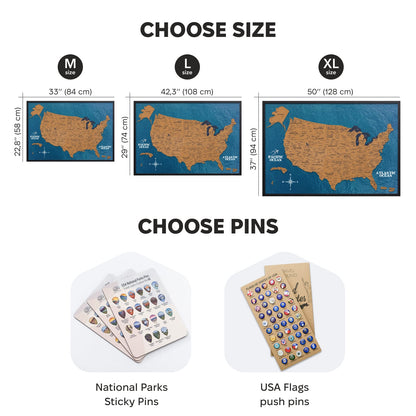Map of the United States with options to choose size and pins for customization.