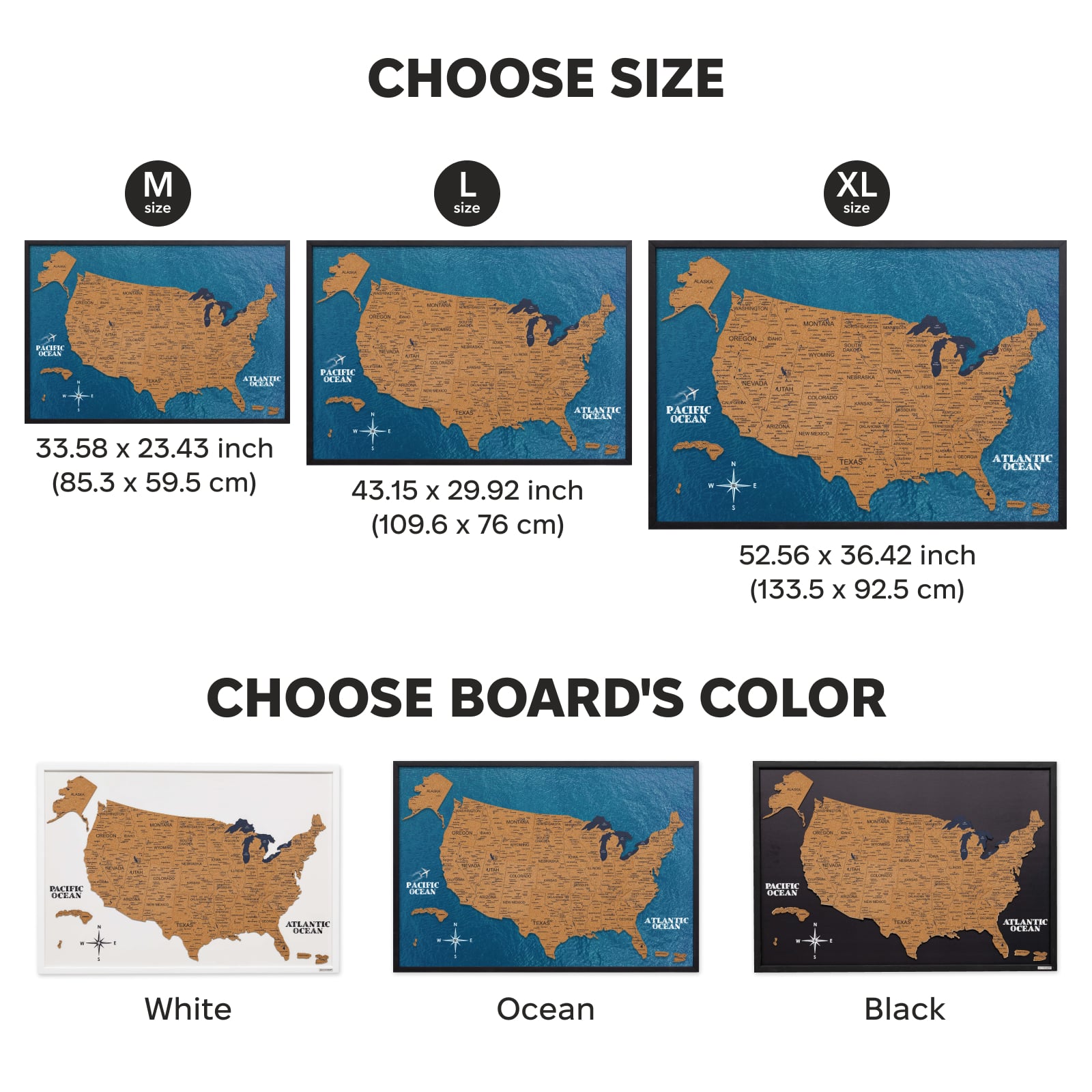 Map of the United States with size and color options displayed.