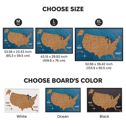 Map of the United States with size and color options displayed.