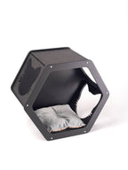 cat cushion pillow in grey color placed in cat shelves