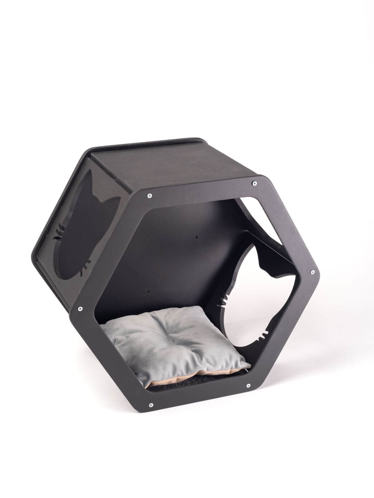 cat cushion pillow in grey color placed in cat shelves