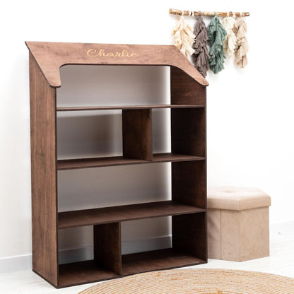 dark walnut doll house bookcase with personalization