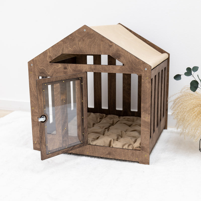 Dog House with a Fabric Roof - Dark Walnut