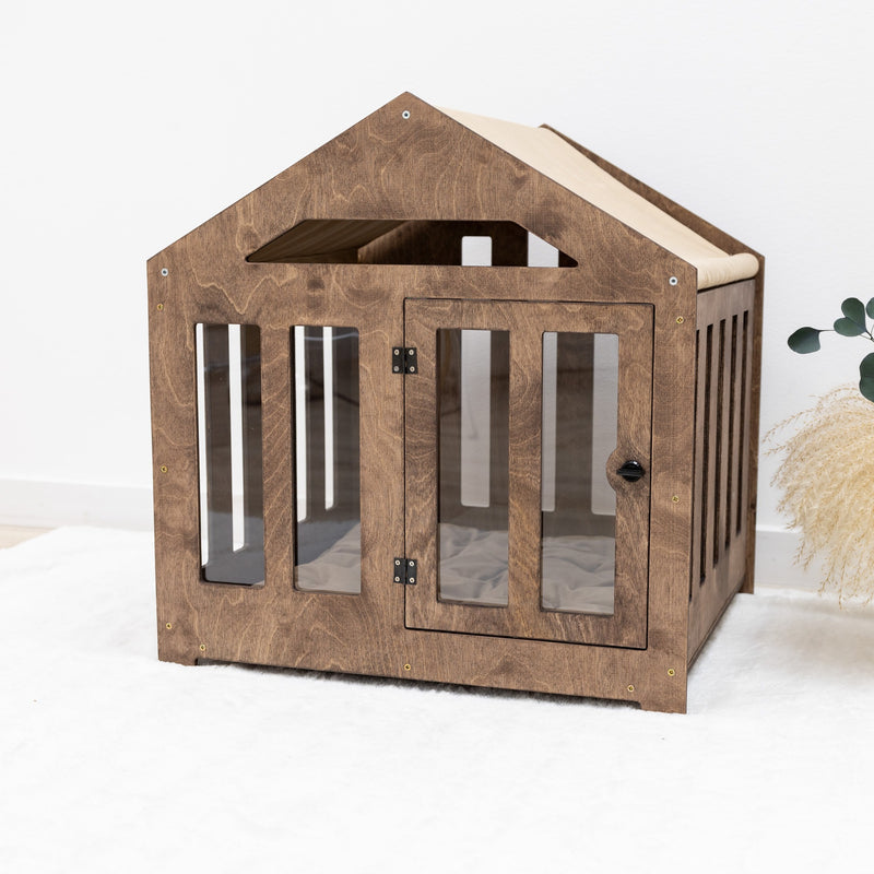 Dog House with a Fabric Roof - Dark Walnut