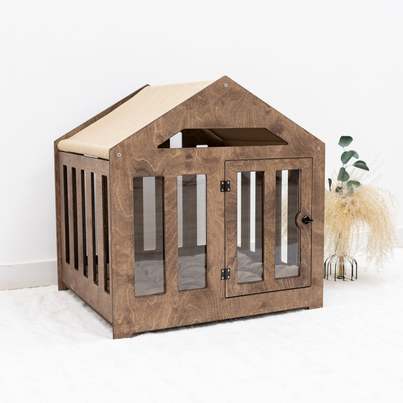 Dog House with a Fabric Roof - Dark Walnut