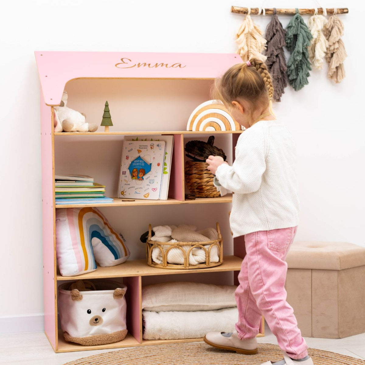 pink house shaped bookcase child-sized and personalized 